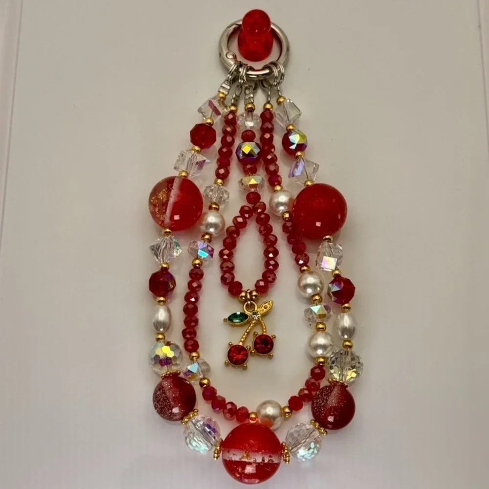 Red Cherry Phone Wristlet Strap Beaded Crystal Pearl Coquette Bag Charm Keychain